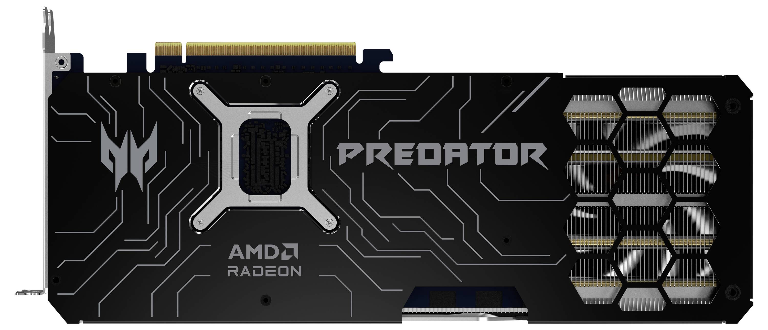 Grafická karta s černým designem, stříbrnými akcenty a nápisem 'PREDATOR'. Označena jako 'AMD RADEON'. Technicky vypadající kryt.
