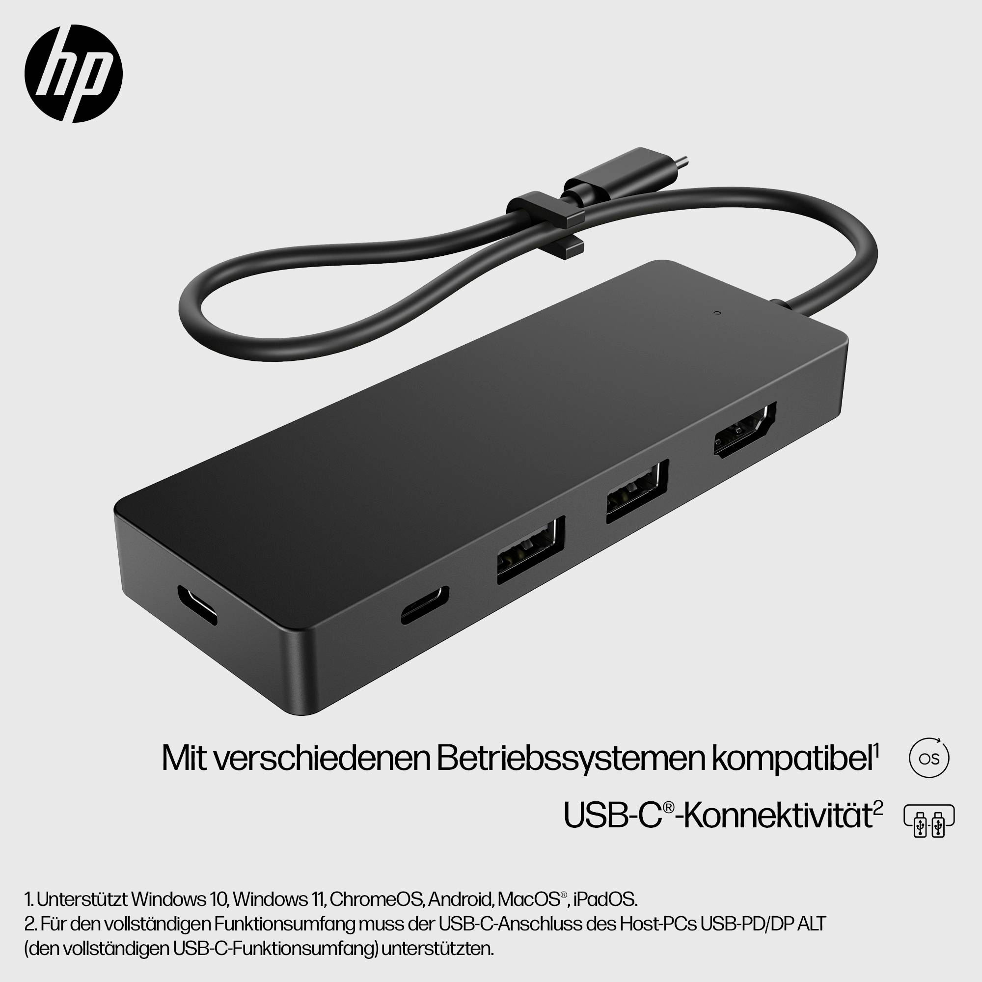 USB-C hub s podporou různých operačních systémů. Obsahuje tři USB porty a USB-C kabel.