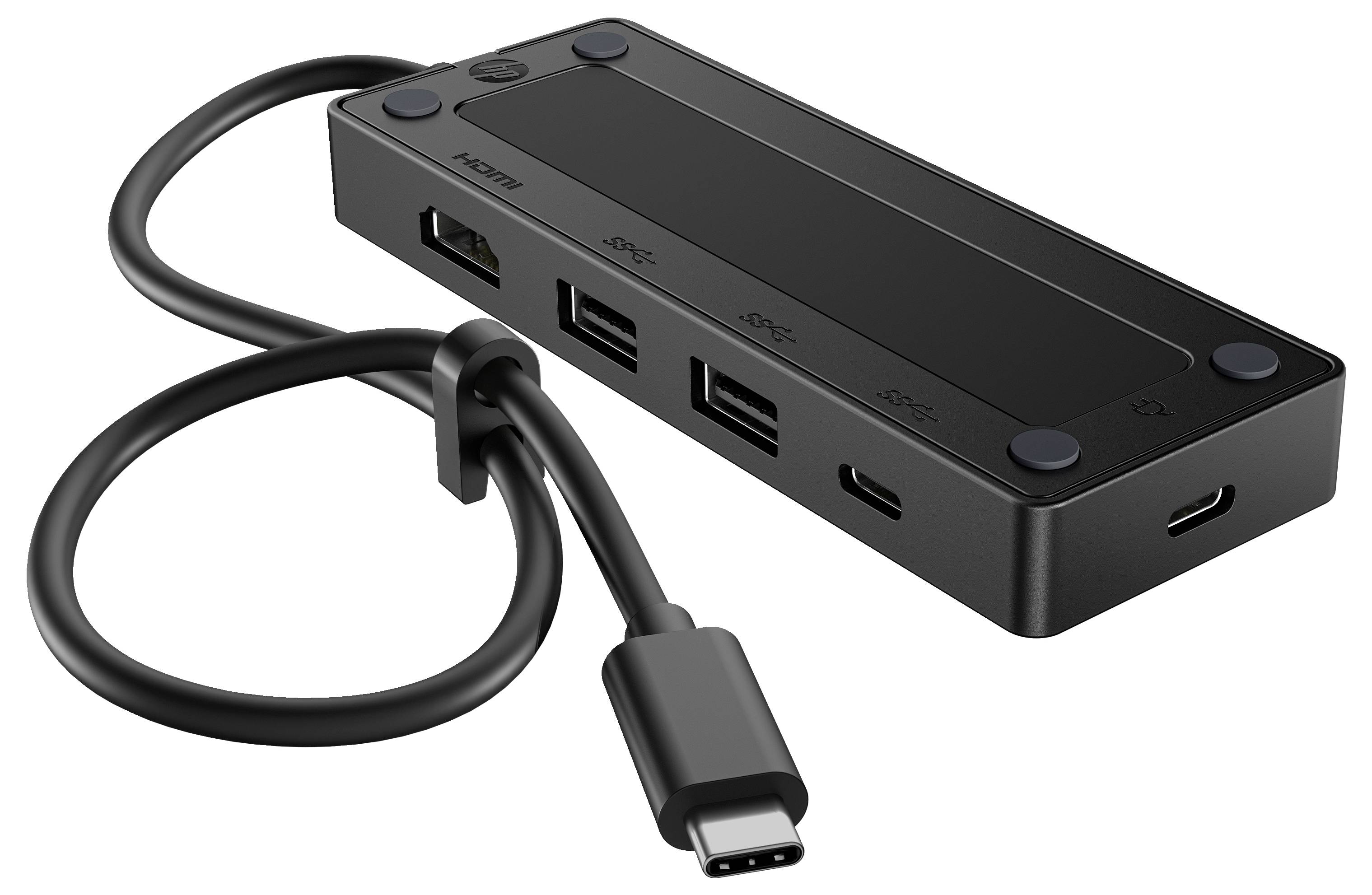 Černý USB-C hub s několika porty, včetně HDMI, USB-A a USB-C. Kabel je připojen k hubu.