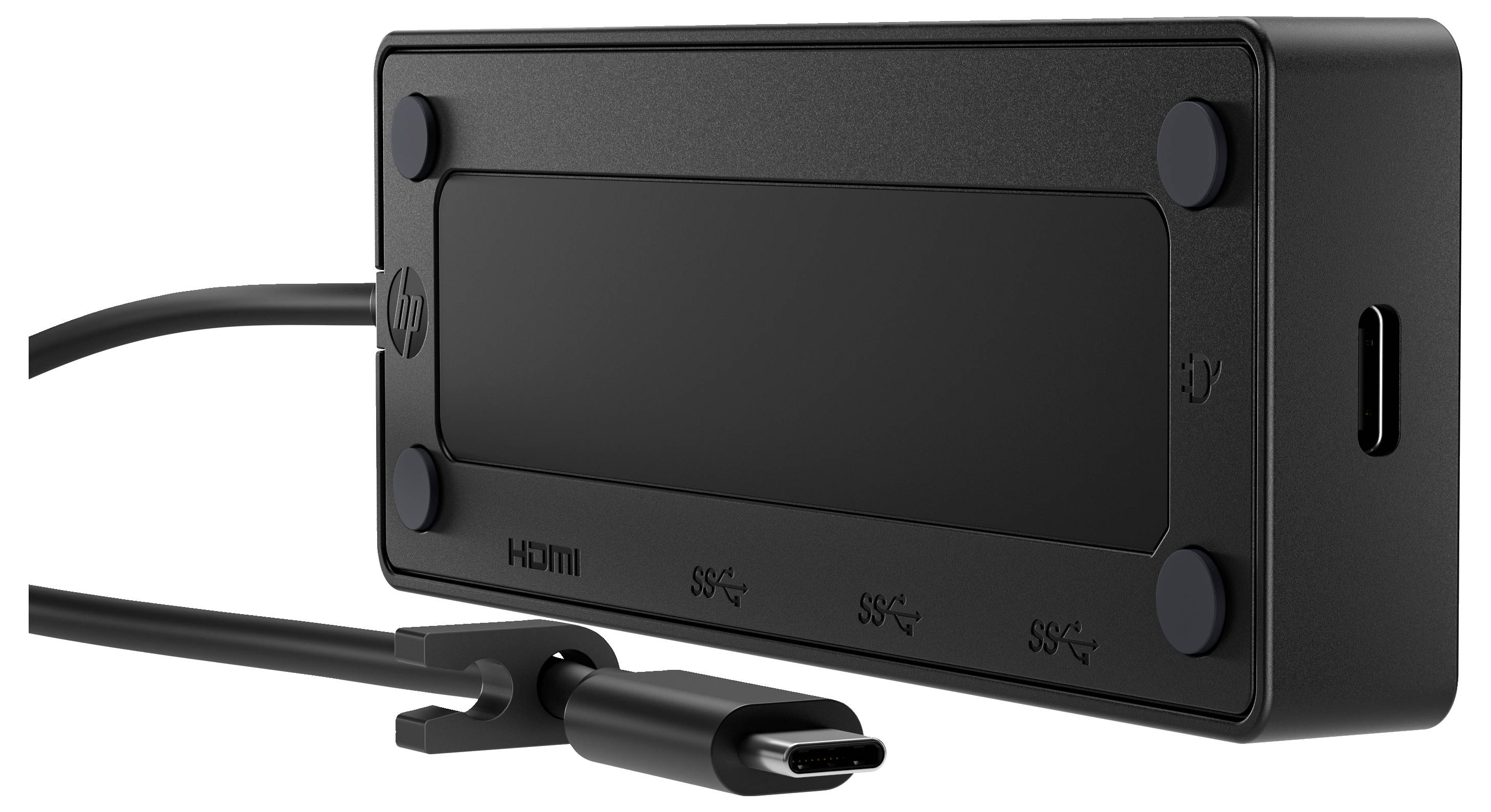 Černé elektronické zařízení s HDMI a USB-C porty. Kabel umístěný po straně. Název značky viditelný v horní části.