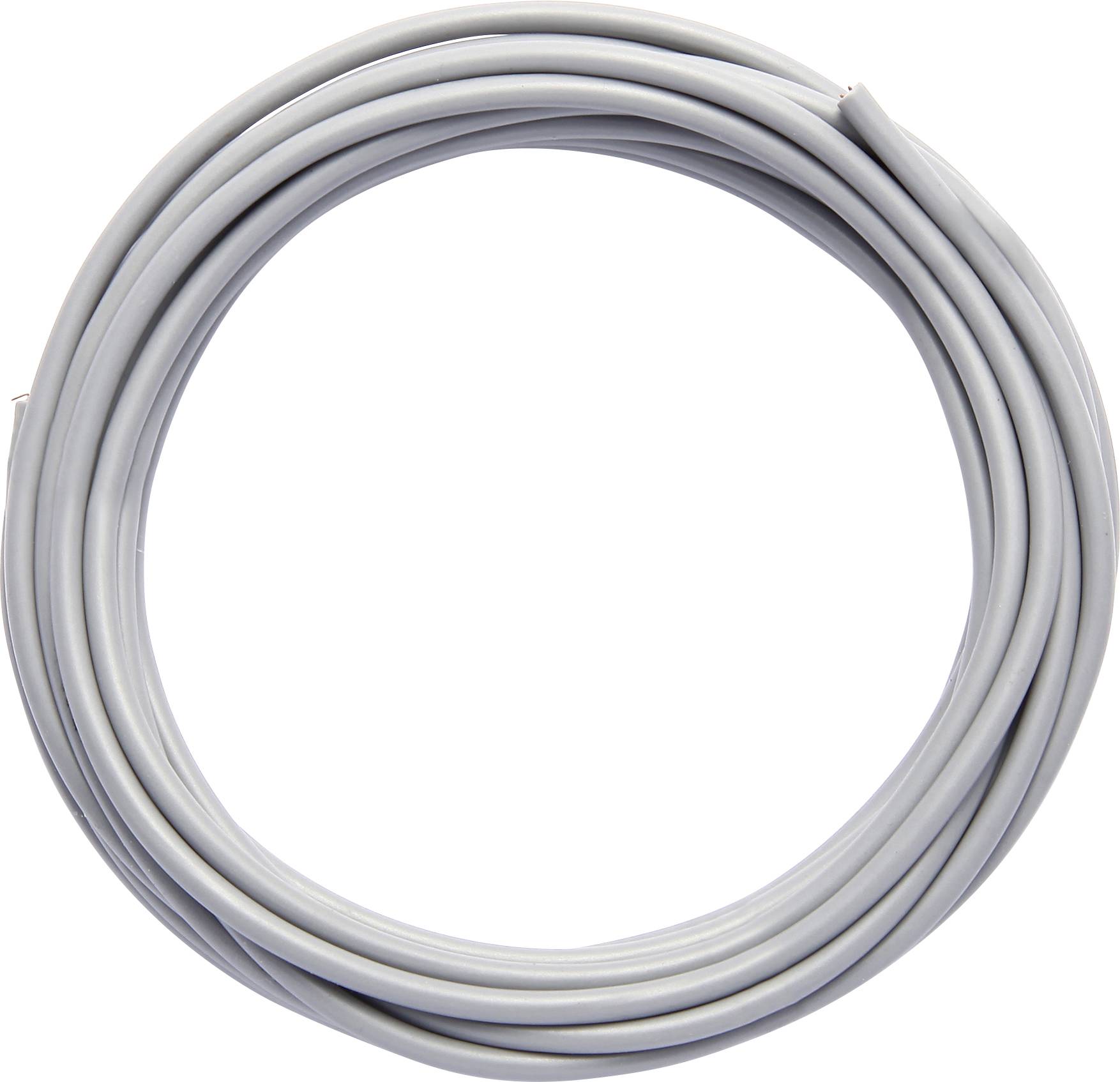 Svinutý šedý kabel uspořádaný do kruhu před bílým pozadím.