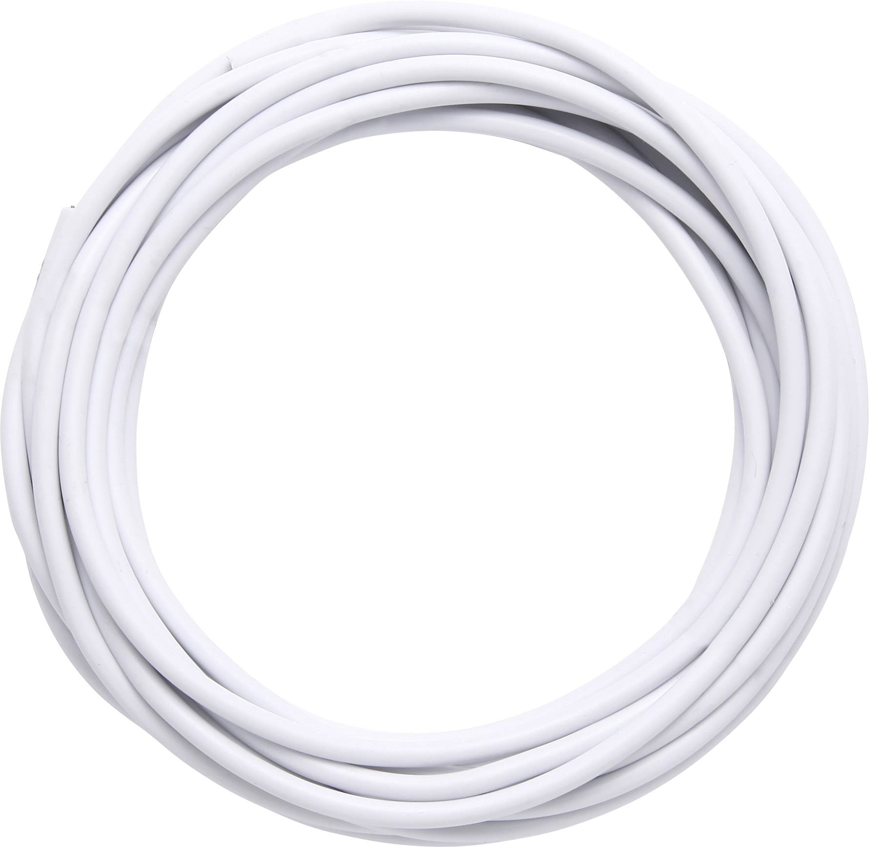 Bílý kabel je pečlivě svinut do kruhu a uprostřed přehnut. Vlevo nahoře je viditelný malý kousek drátu.