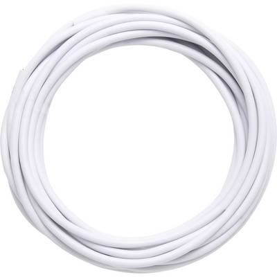 Bílý kabel je pečlivě svinut do kruhu a uprostřed přehnut. Vlevo nahoře je viditelný malý kousek drátu.