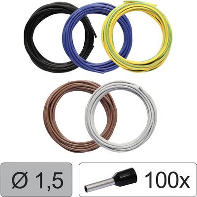 Čtyři kabely v černé, modré, žluto-zelené, hnědé a šedé barvě. Dole: Symbol průměru 1,5 mm, vedle 100 kabelových koncovek.