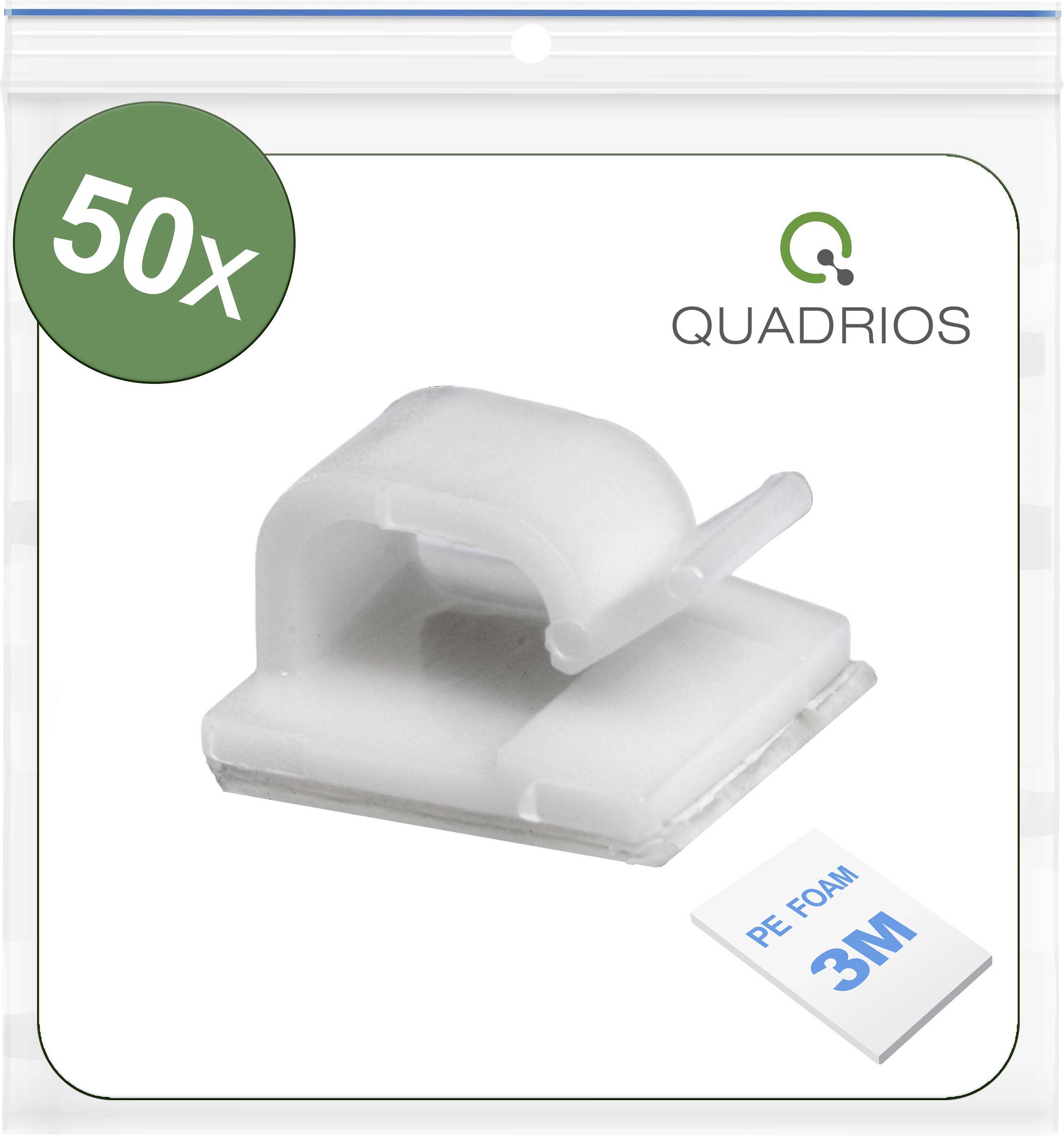 50x balení samolepicích kabelových držáků od Quadrios, vhodných pro organizaci kabelů. Obsahuje PE pěnu od 3M pro bezpečné uchycení.