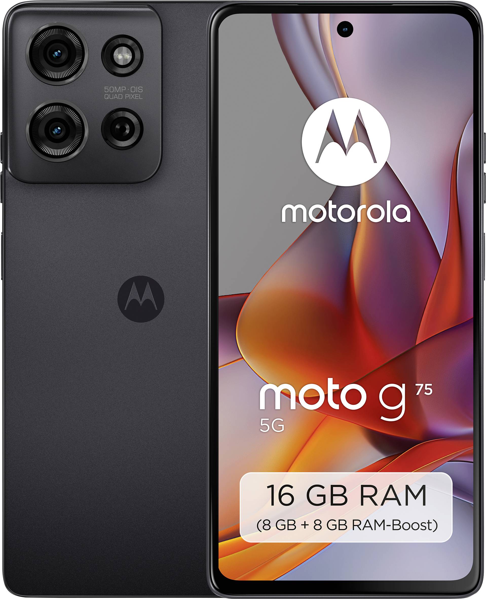 Obrázek ukazuje smartphone Motorola Moto G 5G s 16 GB RAM. Telefon má trojitou kamerovou sadu. Displej zobrazuje logo Motoroly.