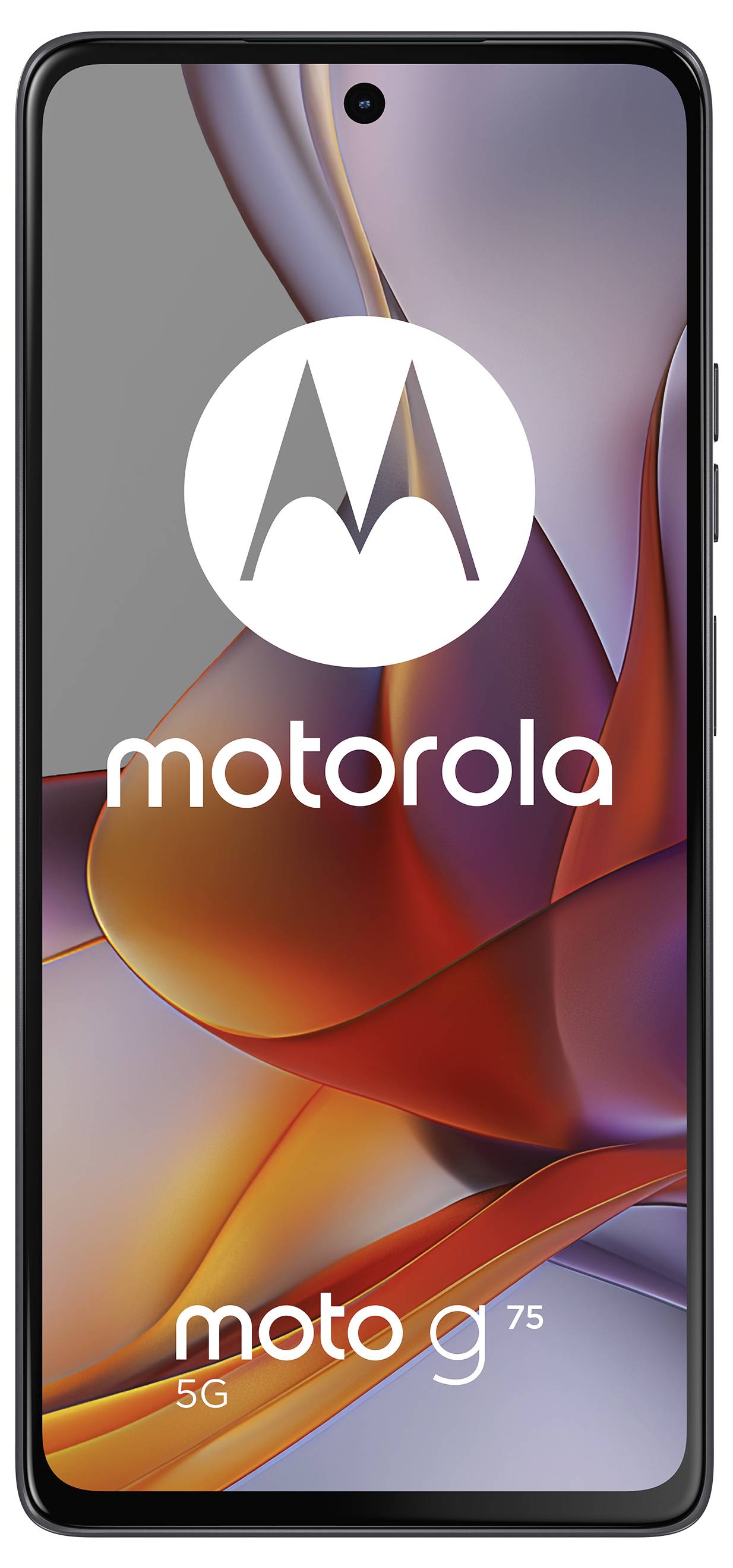 Motorola smartphone se šedou a oranžovou abstraktní tapetou na displeji, název modelu „moto g 5G" zobrazený pod logem.