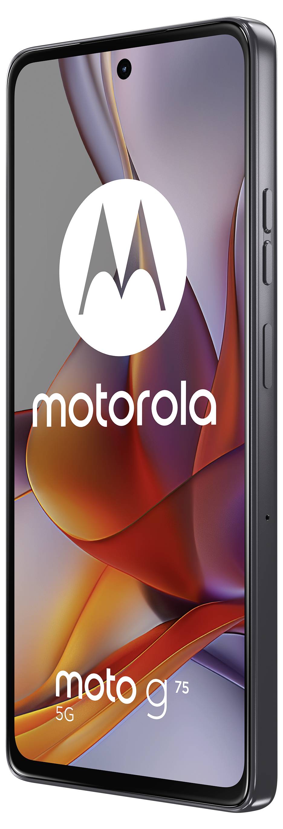 Motorola Moto G 5G smartphone, zobrazující abstraktní design na displeji, nakloněný v mírném úhlu.