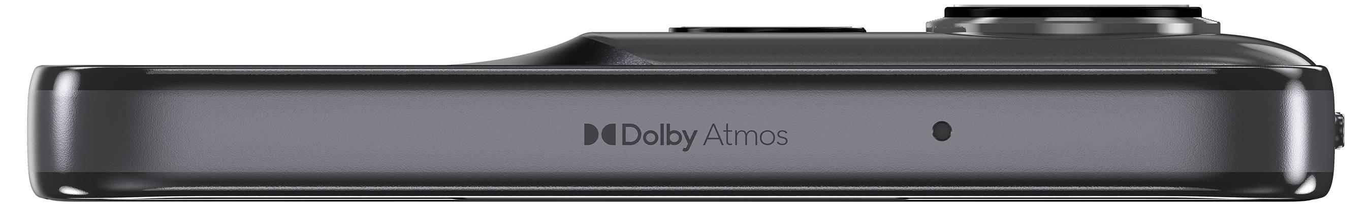 Boční pohled na chytrý telefon s logem "Dolby Atmos", s vyčnívajícím objektivem fotoaparátu a elegantním, černým designem.