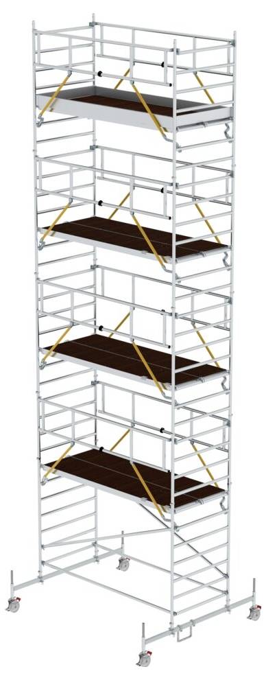 Mobilní lešení s pěti úrovněmi, vybavené zábradlím a kolečky. Používá se při stavebních pracích nebo údržbě.