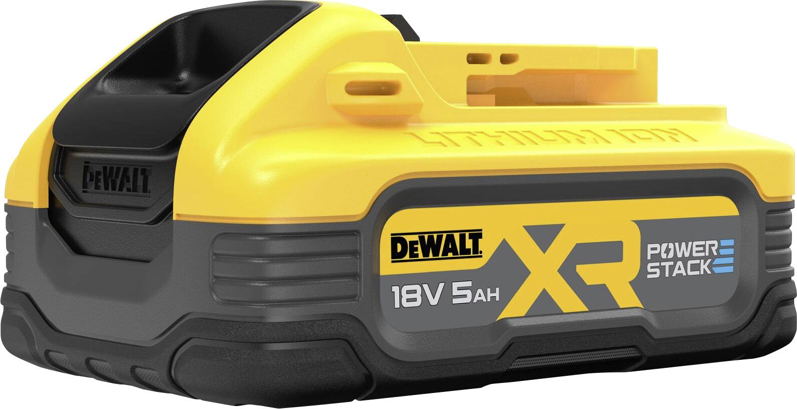 Žlutý a černý 18V DeWalt XR akumulátor s nápisem 'PowerStack', kompaktní provedení, kapacita 5Ah, určený pro elektrické nářadí.