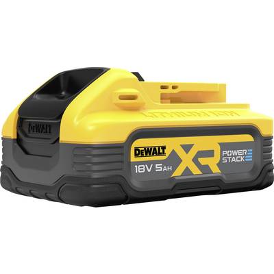 Žlutý a černý 18V DeWalt XR akumulátor s nápisem 'PowerStack', kompaktní provedení, kapacita 5Ah, určený pro elektrické nářadí.