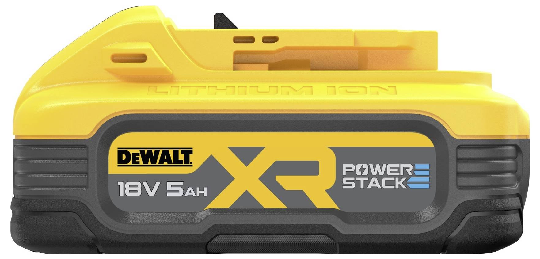 DeWalt 18V XR Power Stack lithium-iontový akumulátor v černo-žluté barvě, pohled zepředu s kapacitou 5Ah.