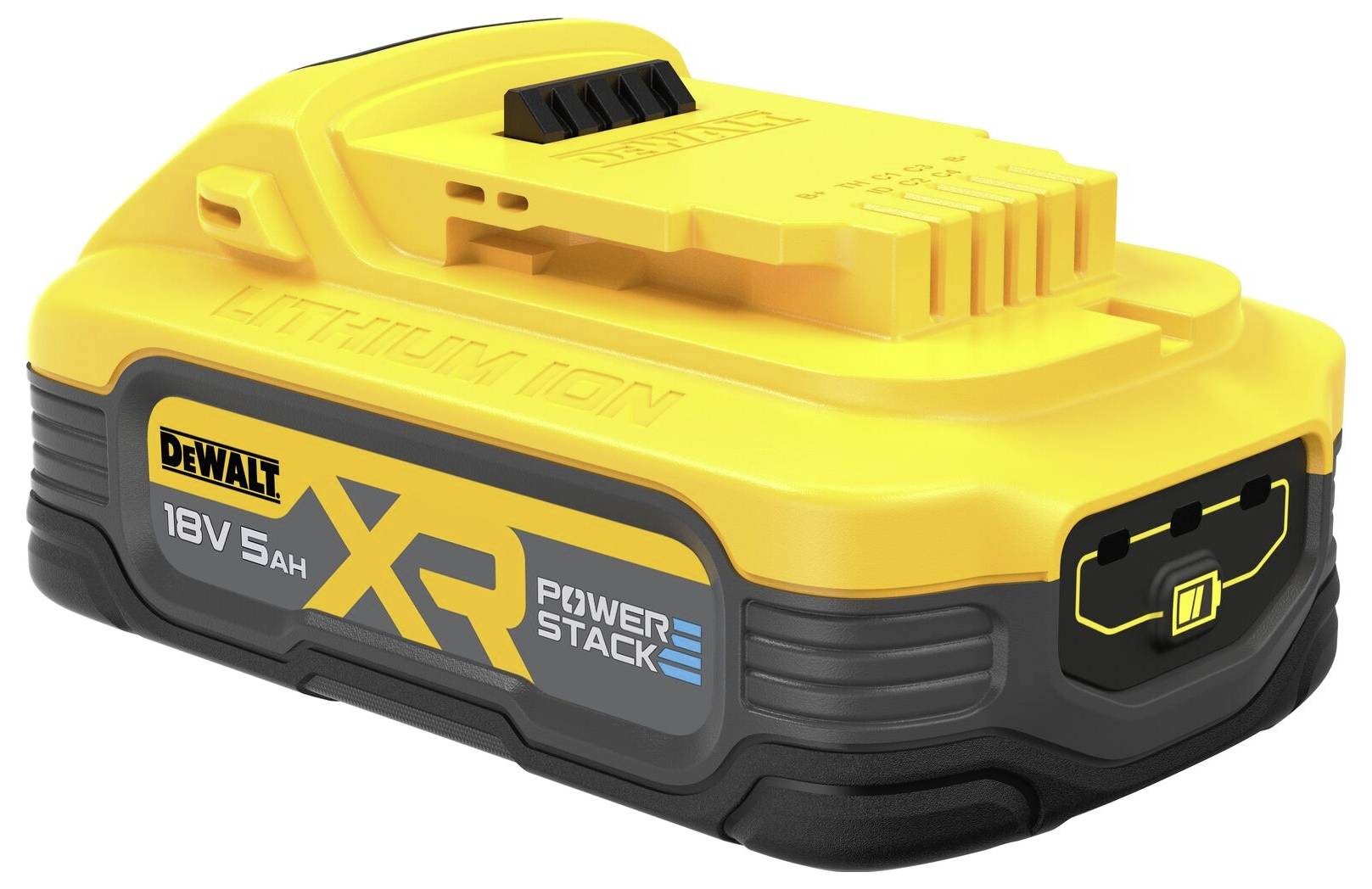 Akumulátor DeWalt 18V 5Ah XR PowerStack v žluté a černé barvě, s kompaktní konstrukcí, vhodný pro elektrické nářadí.