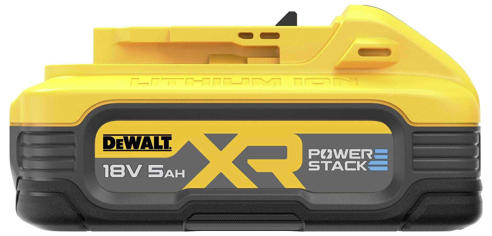 Žlutý akumulátor Dewalt 18V 5Ah XR Powerstack, boční pohled.