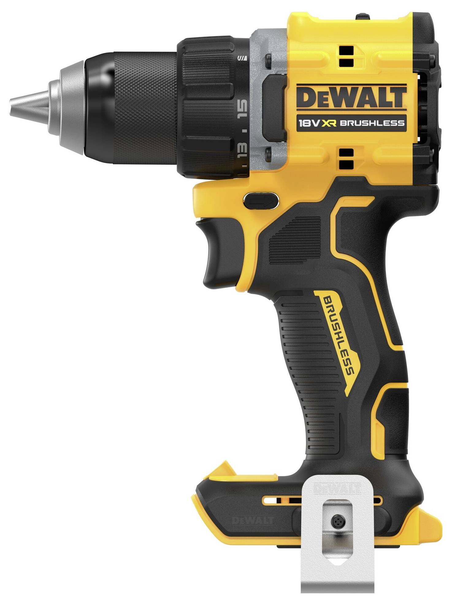 Akumulátorový vrtací šroubovák v žluto-černém provedení s ergonomickou rukojetí a kovovým sklíčidlem, značka DeWalt, model '18V XR Brushless'.