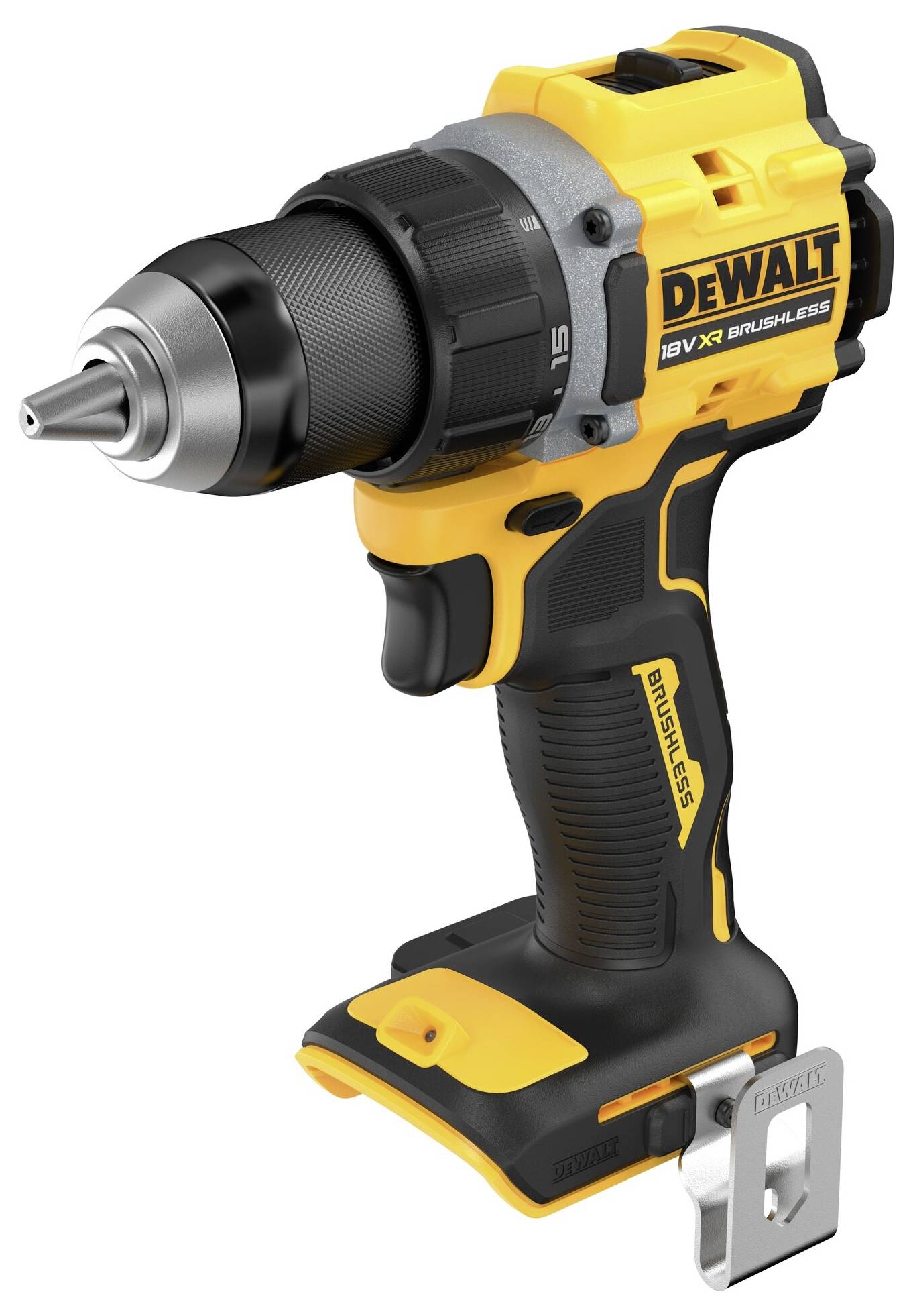 Akumulátorová vrtačka v žluto-černém provedení s ergonomickou rukojetí. Na krytu je napsáno 'DEWALT 18V XR BRUSHLESS'.