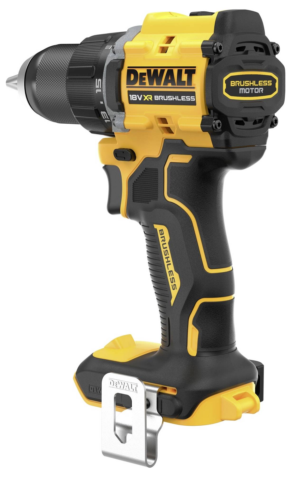 Žlutý a černý bezuhlíkový AKU vrtací šroubovák DeWalt 18V XR, umístěný vertikálně.