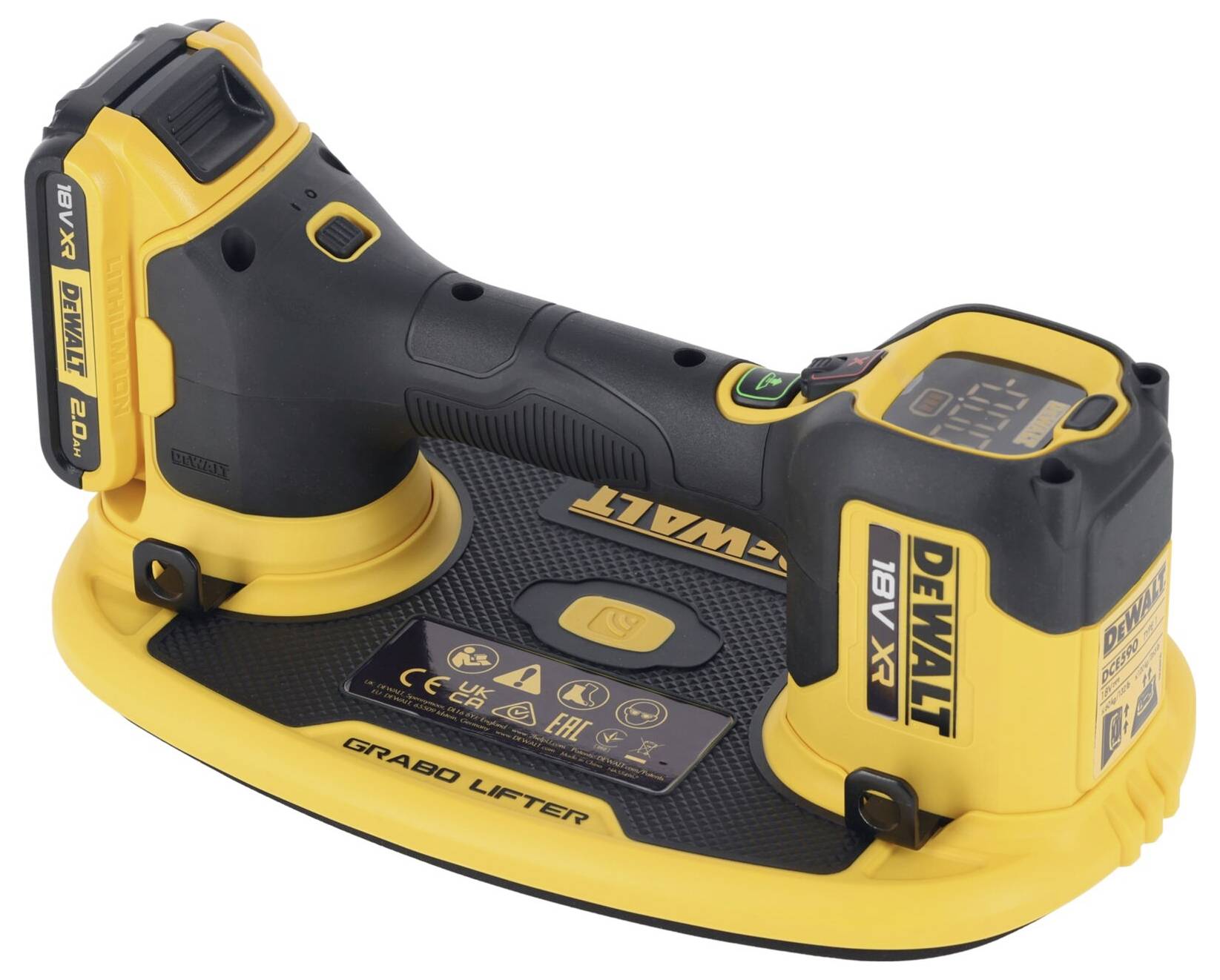 Vakuový zvedák 'Grabo Lifter' v žluté a černé barvě s akumulátorem DeWalt 18V XR, vhodný pro zvedání těžkých materiálů.