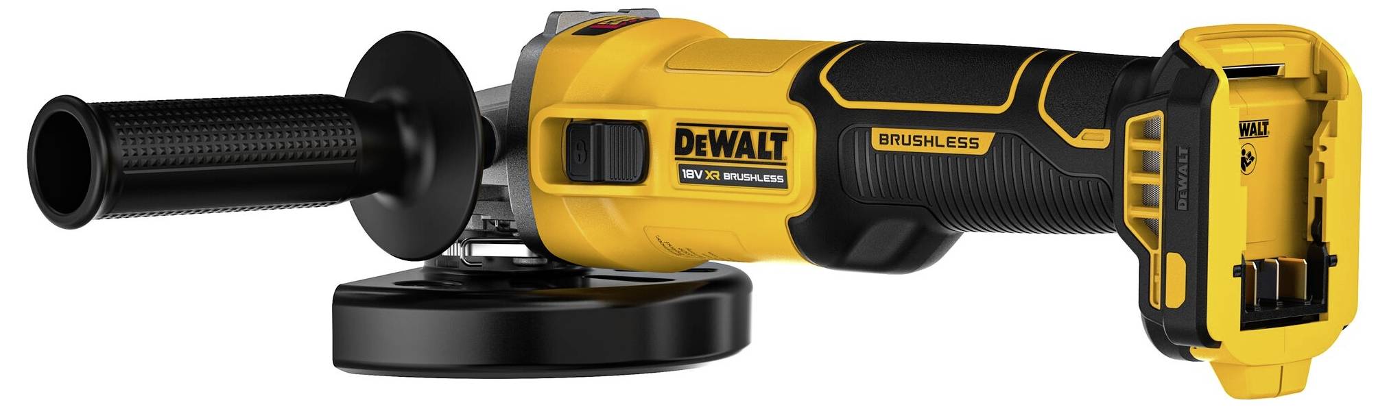 Žlutá a černá akumulátorová bruska s bočním držadlem, vhodná pro brousicí práce. Označení 'DeWalt' a 'Brushless'.