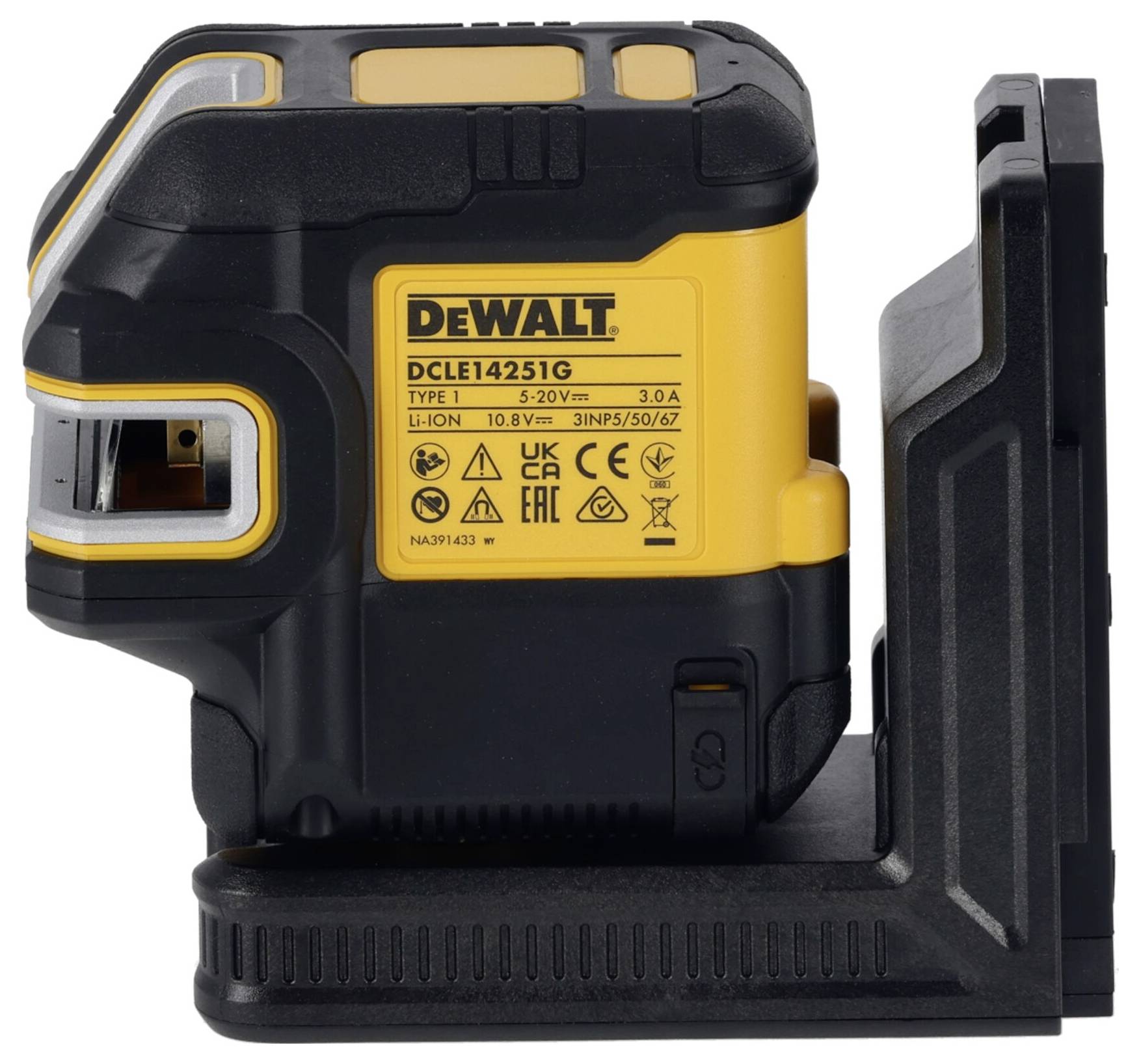 Žlutý a černý laserový přístroj DeWalt s držákem. Model je 'DCLE14251G', vybavený 10,8V lithium-iontovou baterií.