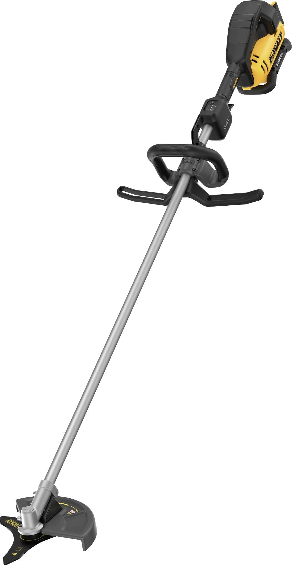 Bezdrátový travní trimr s černým a žlutým designem, dlouhou kovovou rukojetí a ergonomickým madlem.