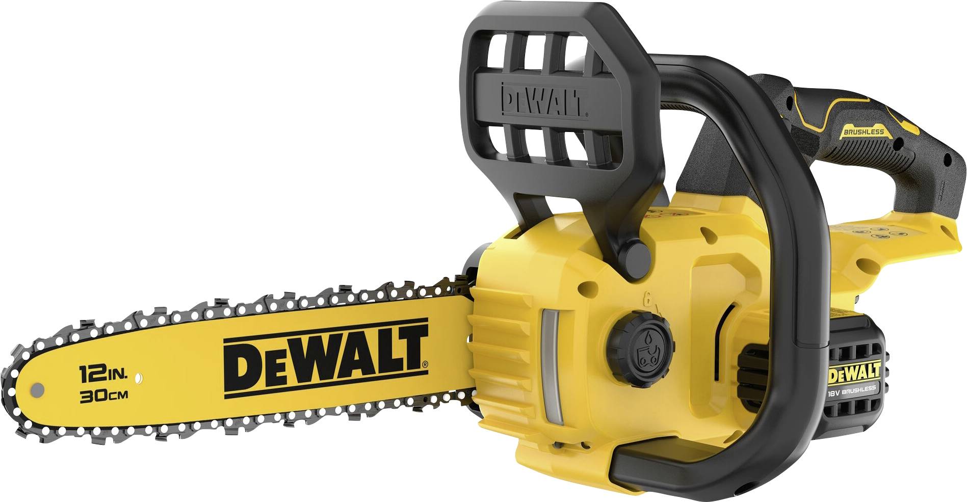 Žlutá a černá řetězová pila značky DeWalt s délkou lišty 30 cm.