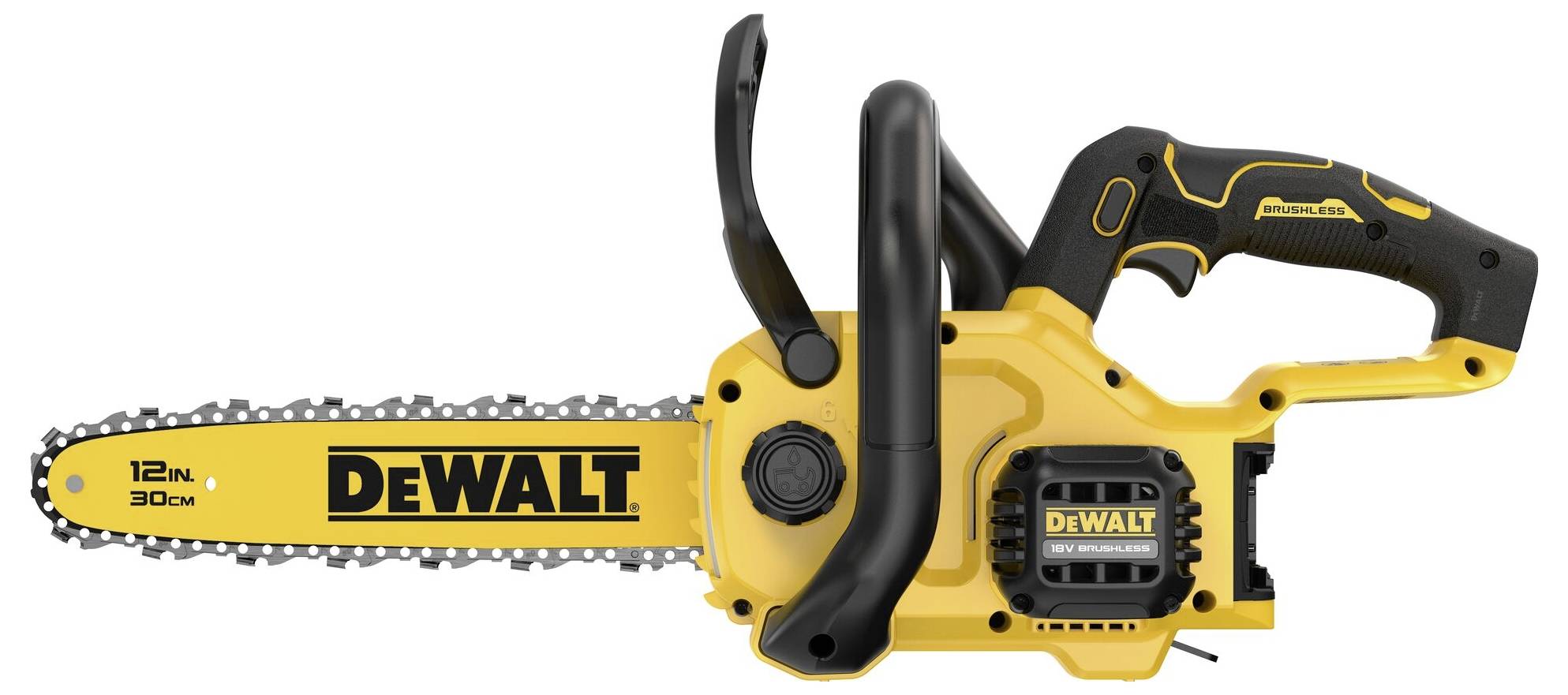 Žlutá a černá elektrická řetězová pila značky DeWalt s 30cm lištou, vhodná pro domácí a zahradní práce.