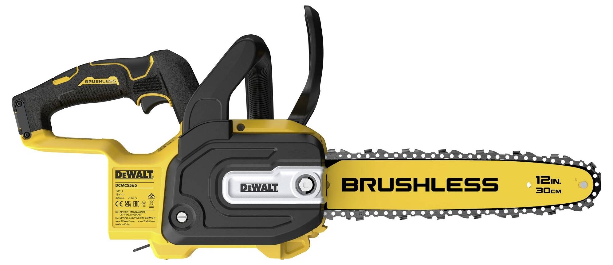Akumulátorová řetězová pila v žluté a černé barvě od DeWalt s 30cm lištou a bezkartáčovým motorem, vhodná pro lehké až středně těžké řezy.