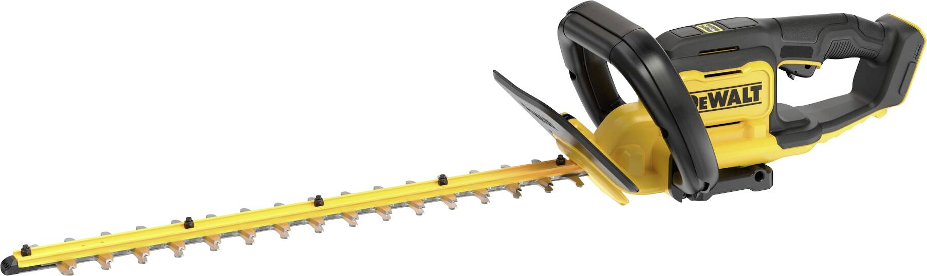 Žlutý a černý elektrický plotostřih s ergonomickou rukojetí a dlouhou řezací plochou, vhodný pro zahradnické práce.