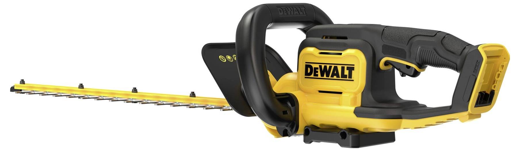 Elektrický plotostřih v žluté a černé barvě s logem 'DeWalt' na těle přístroje; ergonomická rukojeť a oboustranná čepel.