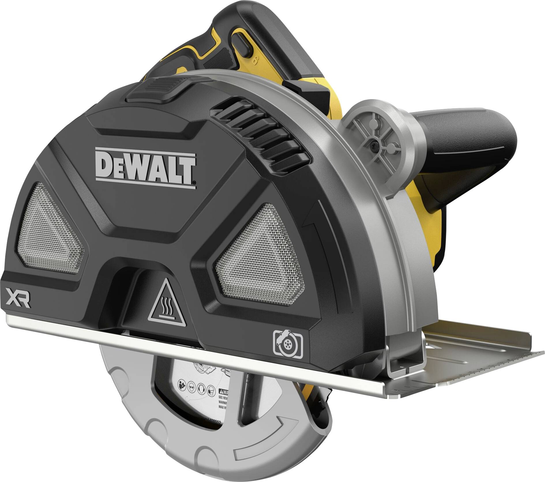 Akumulátorová kotoučová pila značky DeWalt, v černo-žluté barvě, s ochranným krytem a ergonomickou rukojetí.