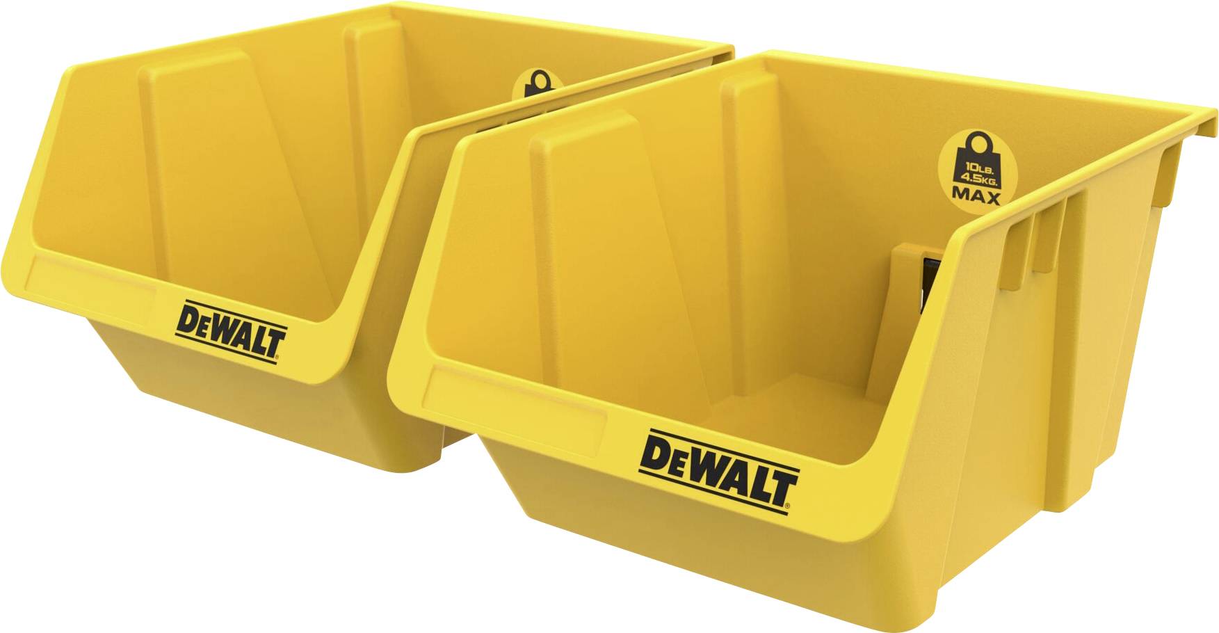 Dva žluté, stohovatelné úložné boxy značky DeWalt, ideální pro organizaci nářadí a materiálů v dílnách.