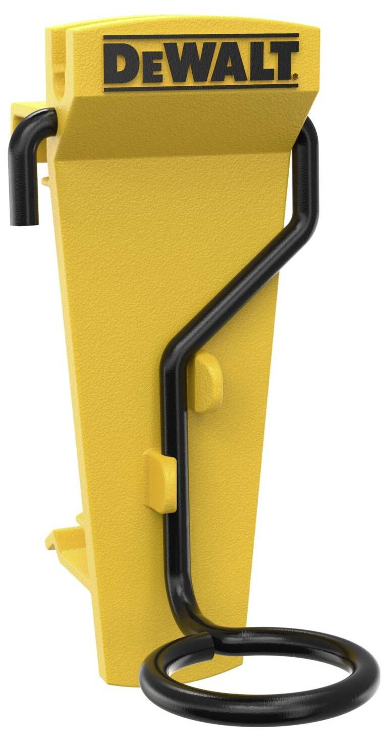 Žlutý nástěnný držák DeWalt s černým háčkem na navíjení kabelů, určený k organizovanému uchovávání elektrických kabelů nářadí.
