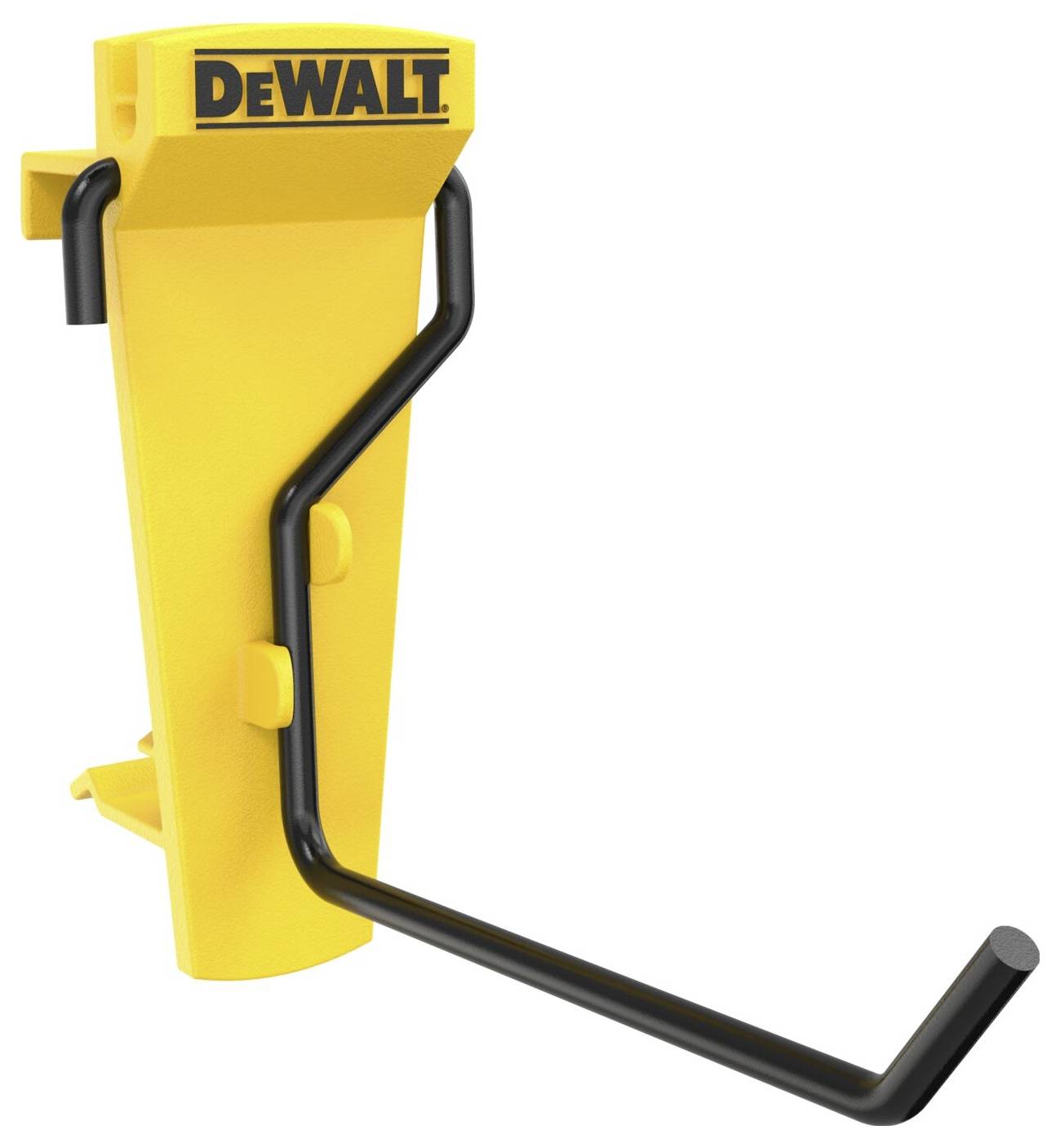 Žlutý nástěnný hák DeWalt s černým ohnutým háčkem. Ideální pro uskladnění nářadí nebo přístrojů v garáži.