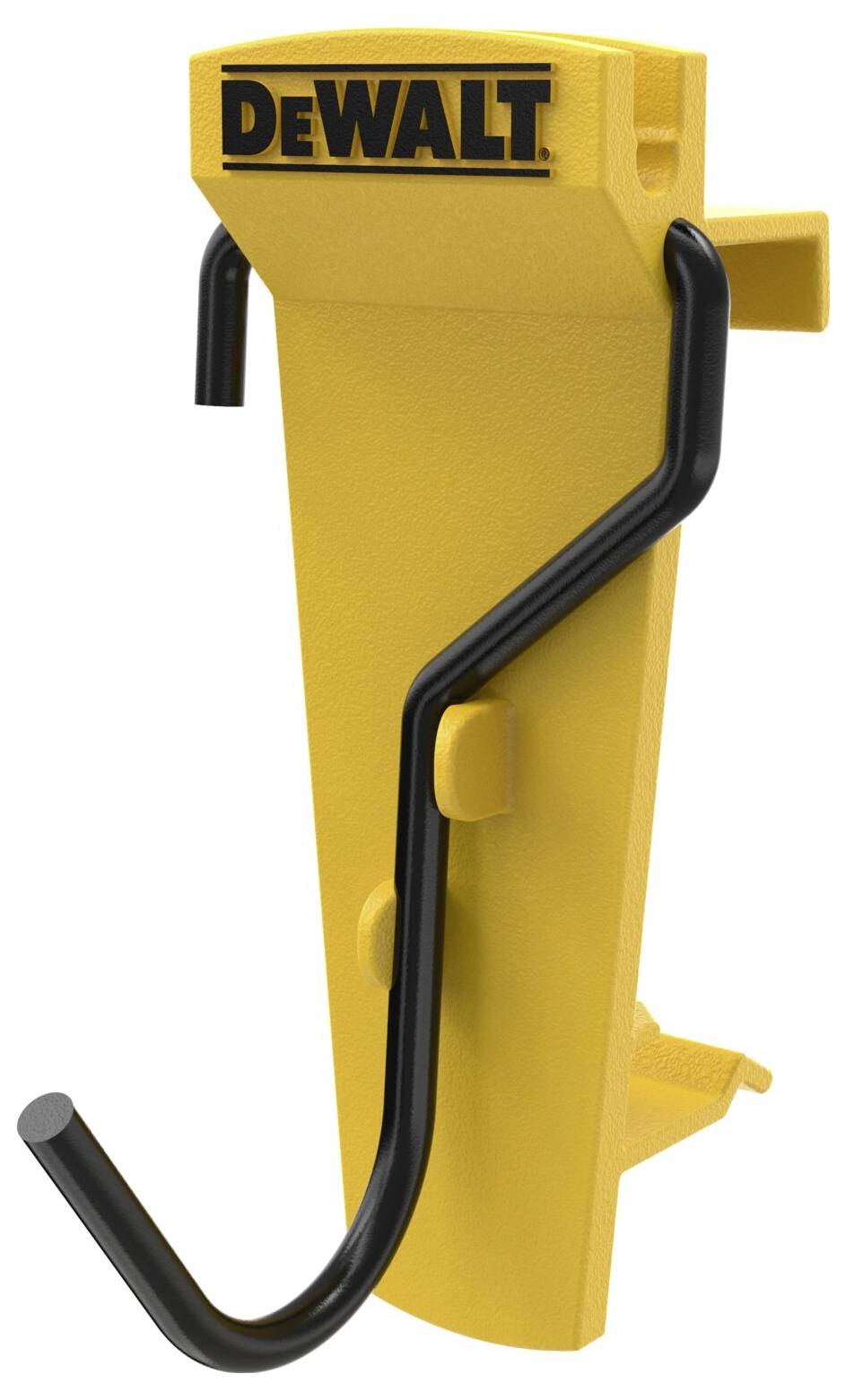 Žlutý nástěnný hák z kovu, design od DeWalt. Hák je robustní, vhodný pro nářadí, s černým spodním držákem.