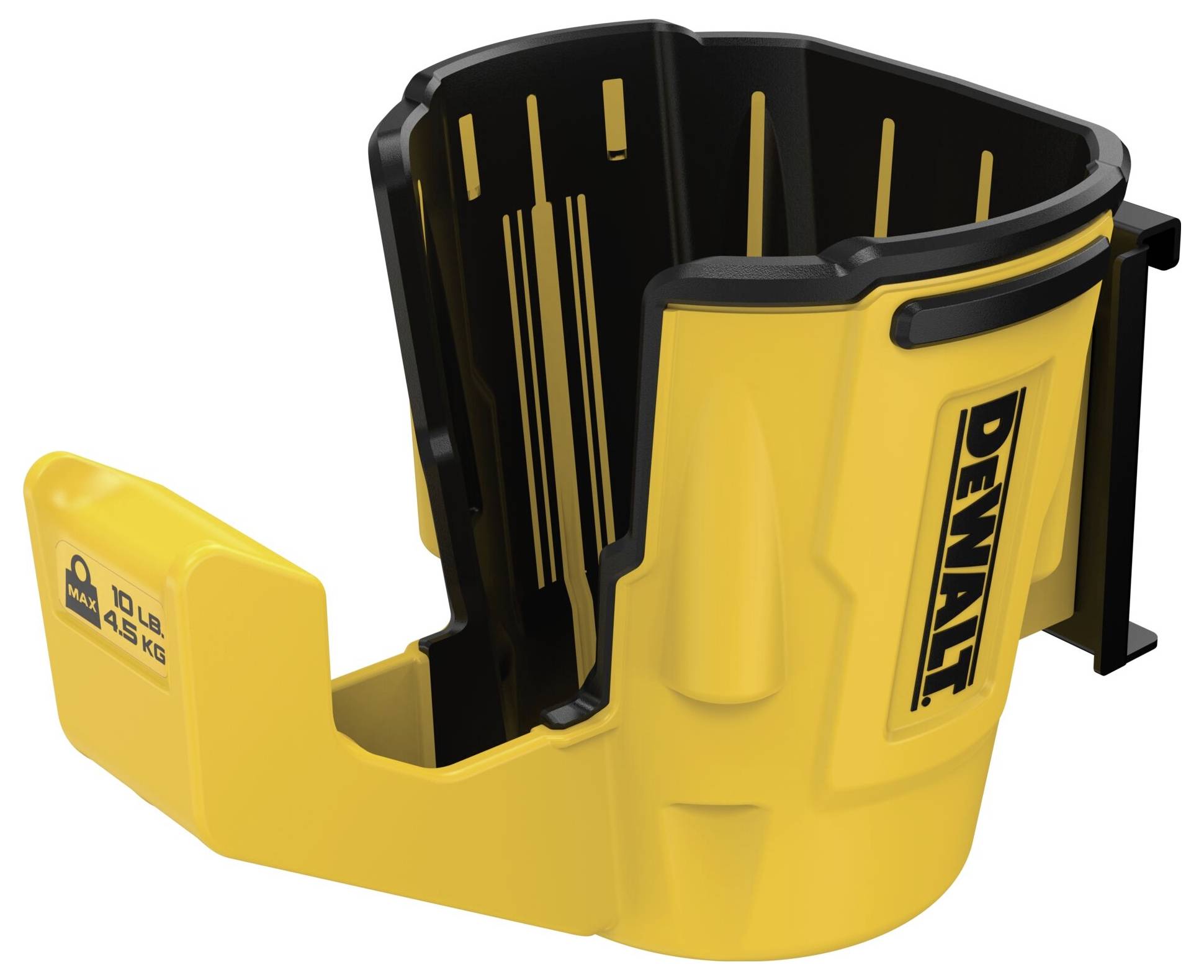 Žlutý držák nářadí DEWALT, s nosností až 4,5 kg, z odolného plastu, určený pro bezpečné skladování nářadí.