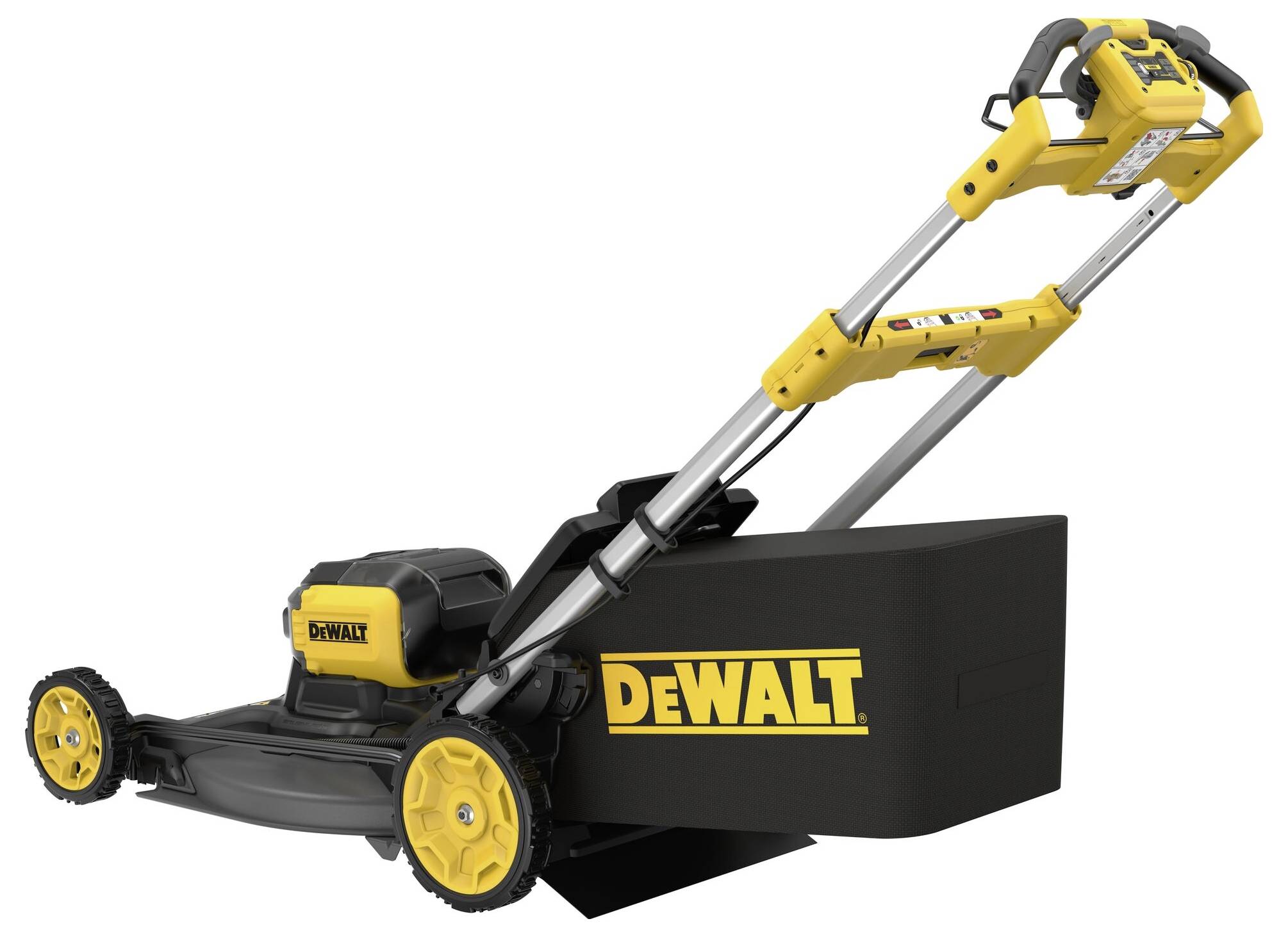Žlutý a černý sekací stroj značky DeWalt s nápadným označením značky na sběrném koši.