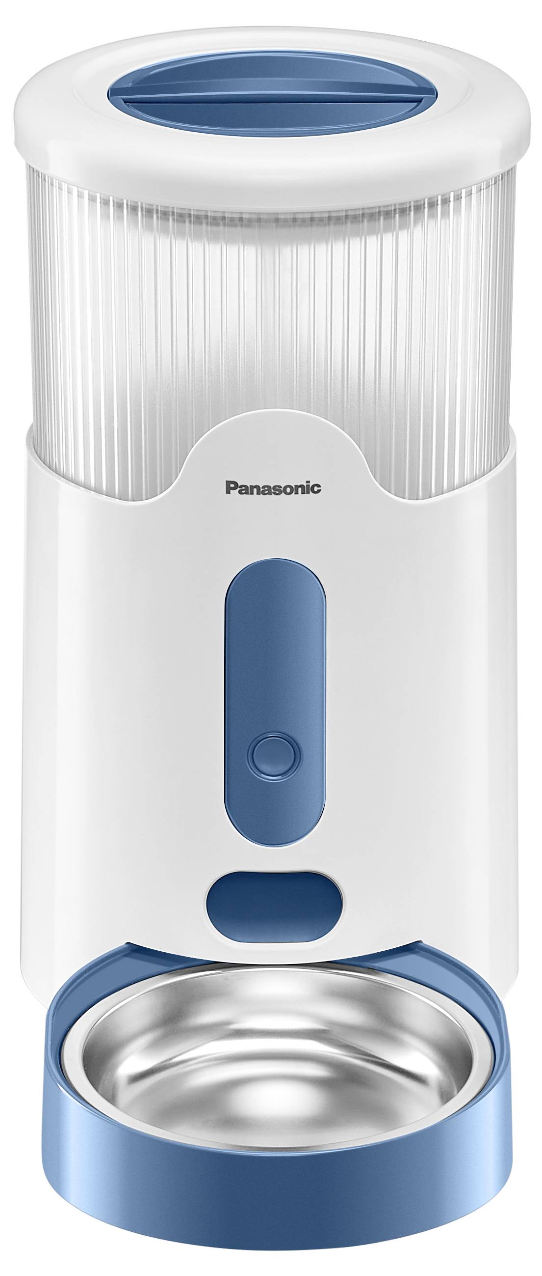 Bílý a modrý automatický dávkovač krmiva s nerezovou mísou dole. Název značky 'Panasonic' na přední straně.