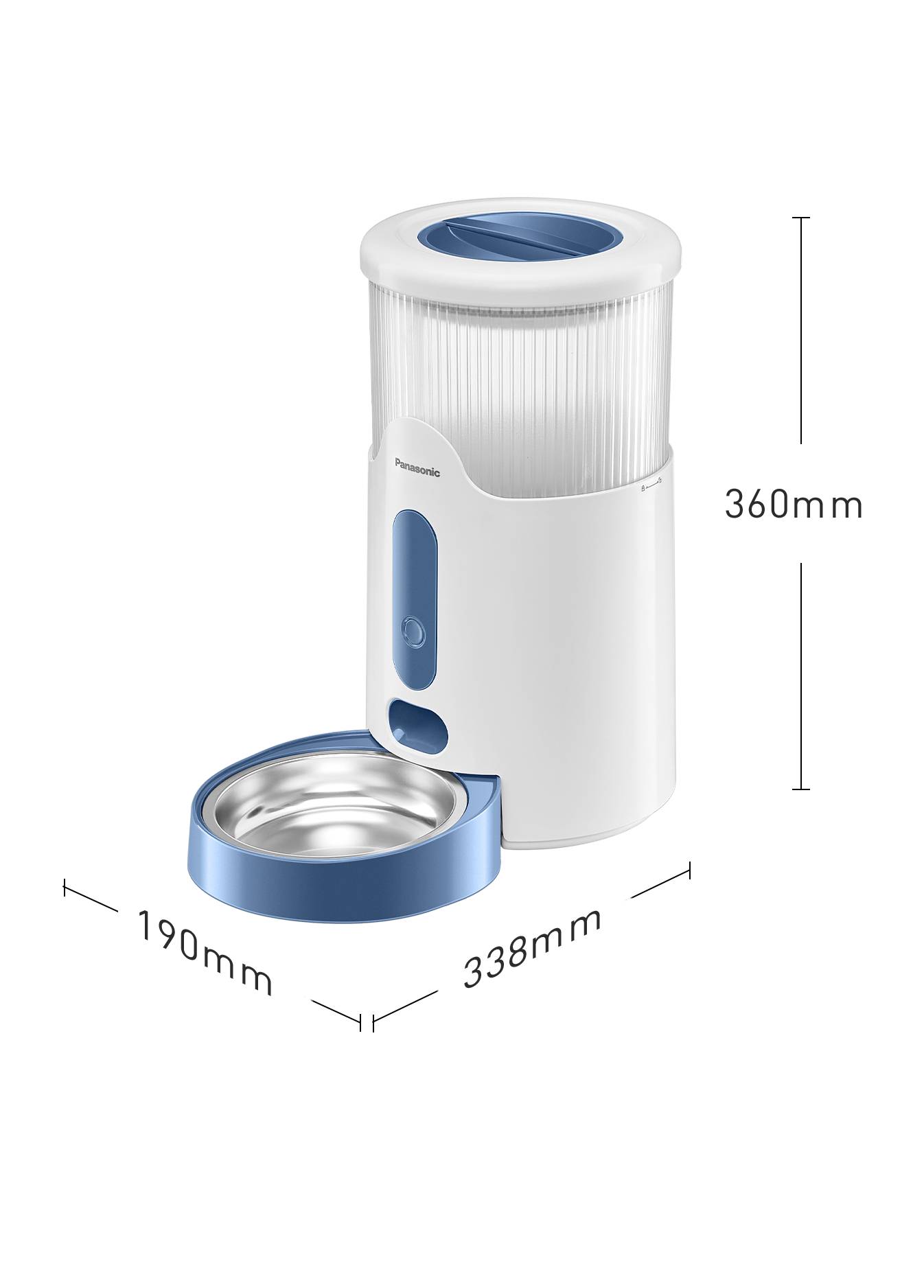 Čistička vzduchu s válcovým filtrem a odnímatelnou základnou. Rozměry: výška 360 mm, šířka 338 mm, hloubka 190 mm.