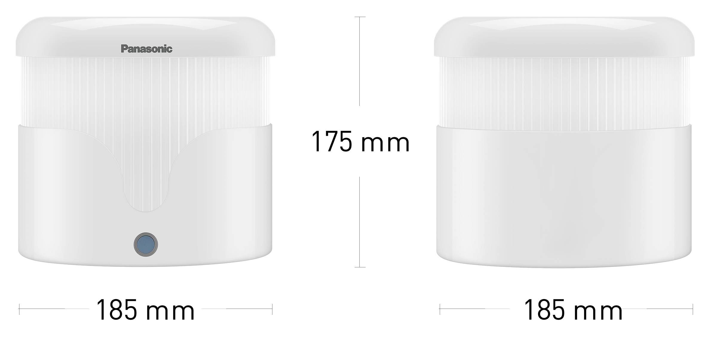 Přístroj Panasonic, bílý, válcovitého tvaru s modrým tlačítkem. Výška 175 mm, šířka 185 mm. Zobrazeno z předního a bočního pohledu.