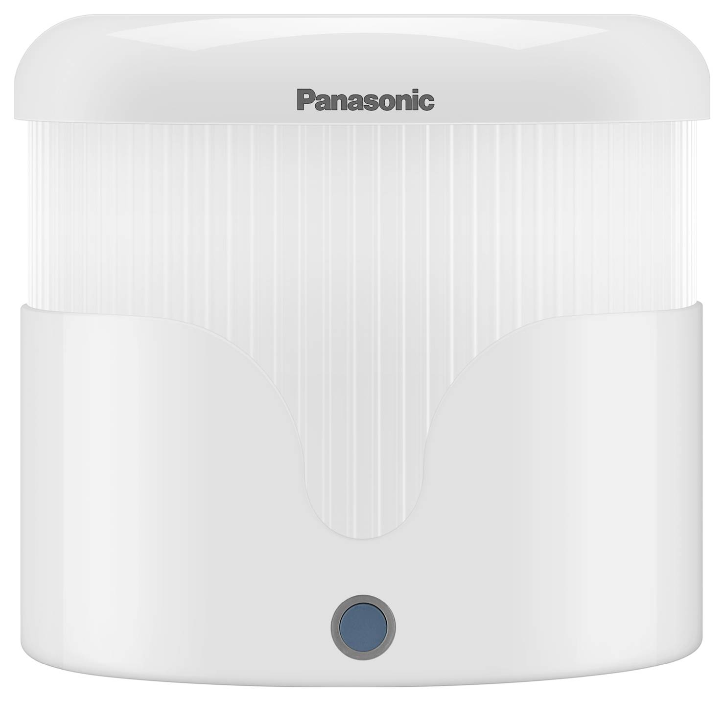 Bílá elektrická varná konvice značky Panasonic s modrým vypínačem umístěným dole.
