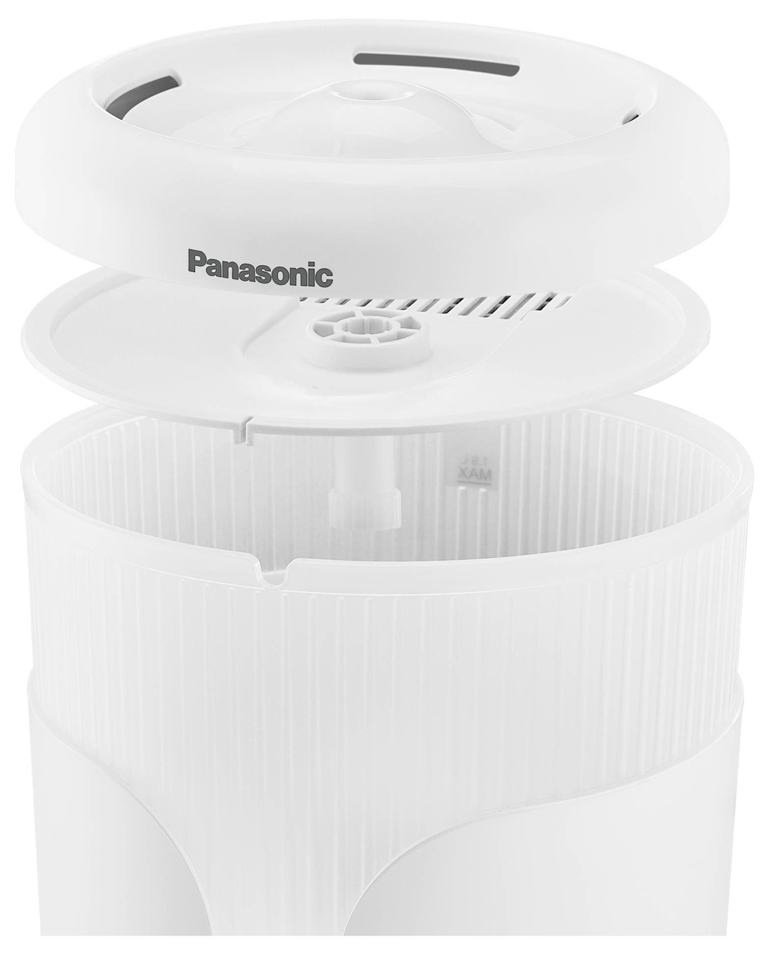 Bílý zvlhčovač vzduchu od Panasonicu s odnímatelným víkem a rýhovaným válcovým designem.