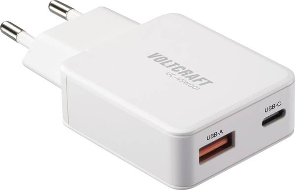 VOLTCRAFT UC-1C1A45W01 USB nabíječka 45 W 1x USB A , 1x USB-C® Rychlé nabíjení, Power Delivery 3.0 bílá GaN