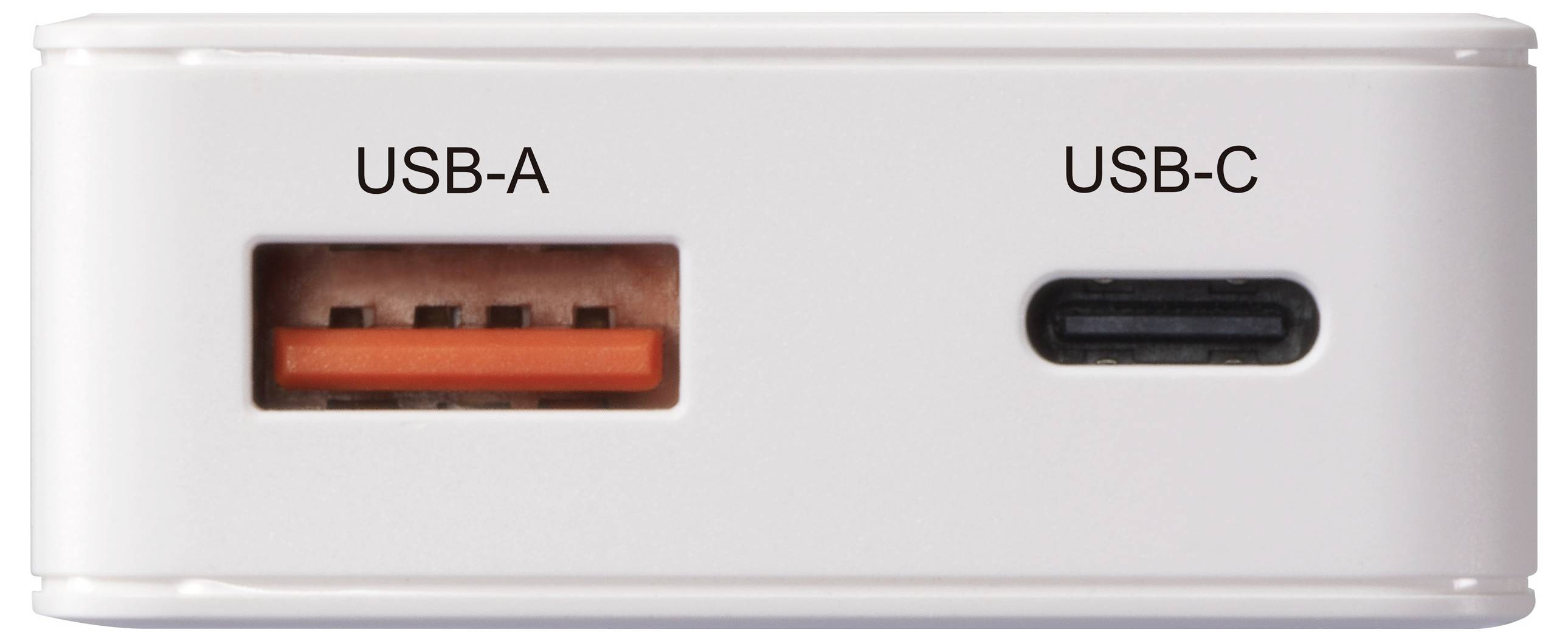 Bílé elektronické zařízení se dvěma porty: USB-A vlevo s oranžovým vnitřkem a USB-C vpravo.