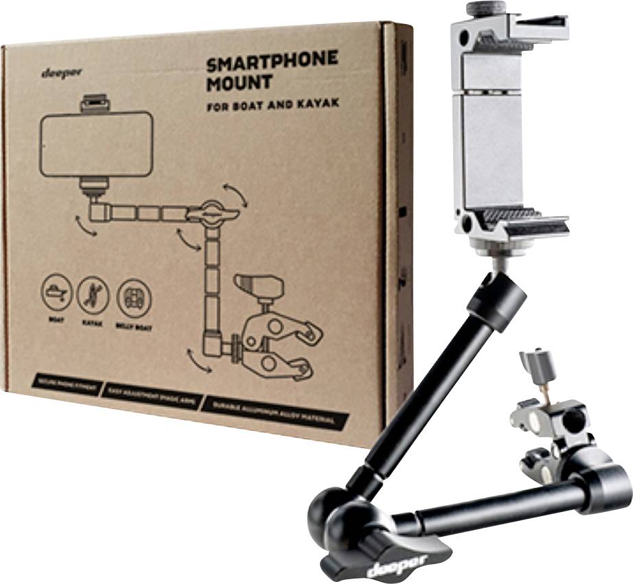 Držák smartphone pro loď a kajak, zobrazený s obalem. Vhodný pro lodní a outdoorové aktivity.