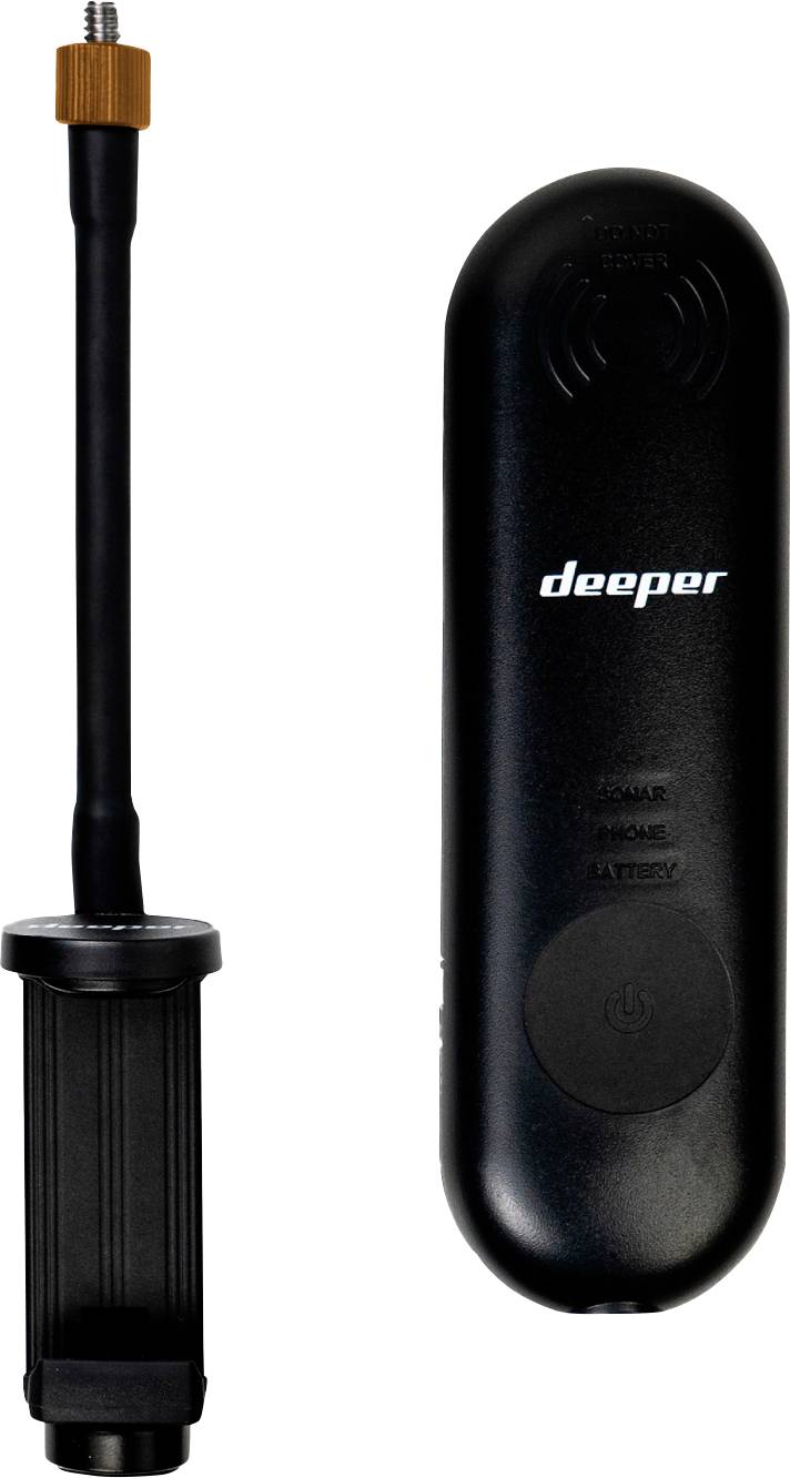 Přístroj 'Deeper Power Splitter PSL004' umístěný vedle antény. Zařízení je černé a válcovitého tvaru, s kontrolkami a vypínačem.