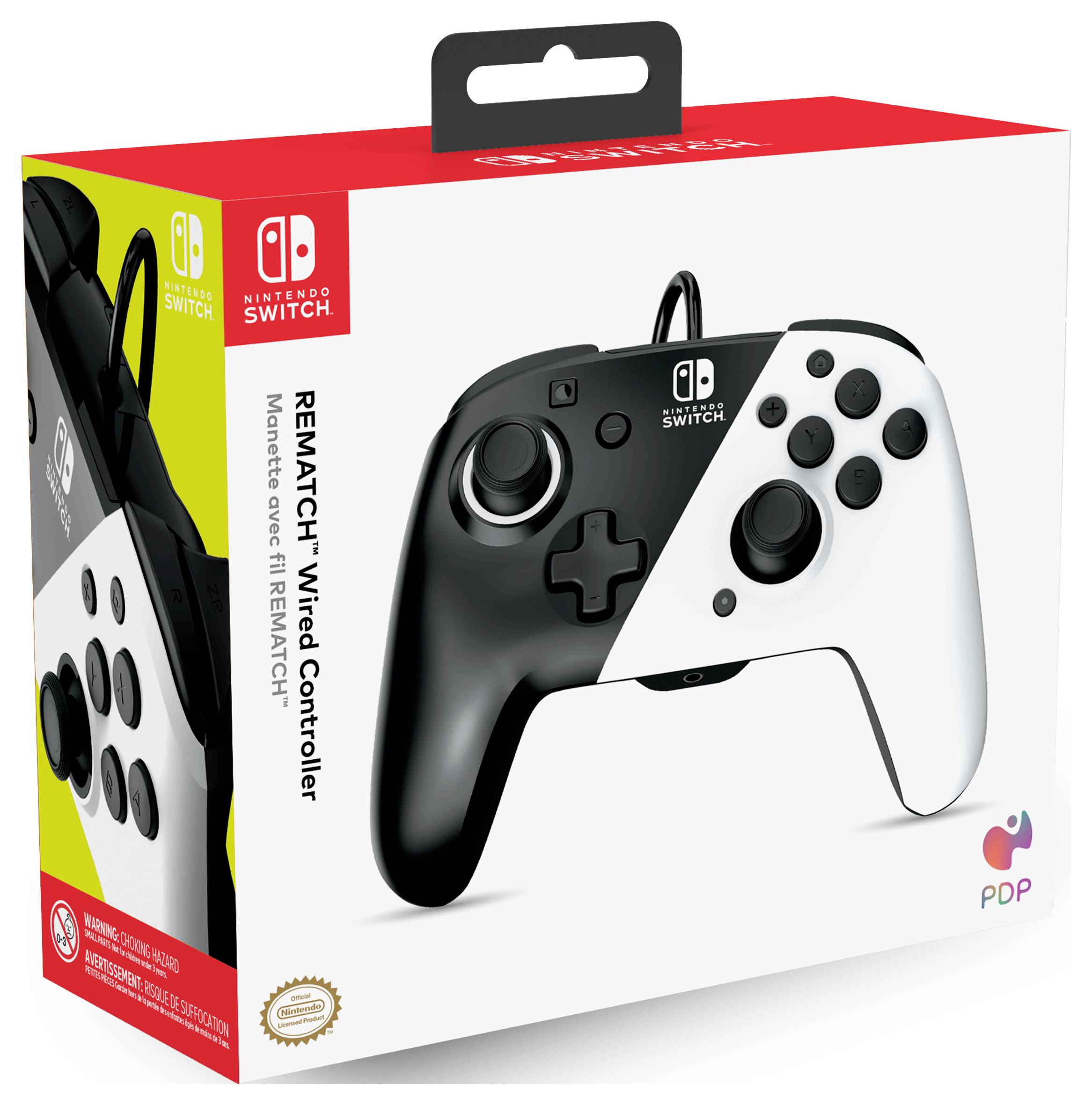 Kabelový ovladač Nintendo Switch od PDP v černé a bílé barvě. Balení zobrazuje obrázky produktu a firemní loga.