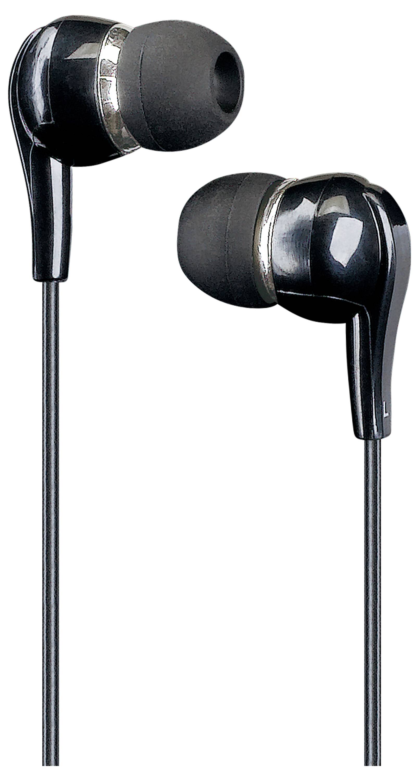 Černá kabelová sluchátka do uší, vhodná pro přenosná audio zařízení. Jsou vybavena měkkými silikonovými nástavci pro pohodlí.