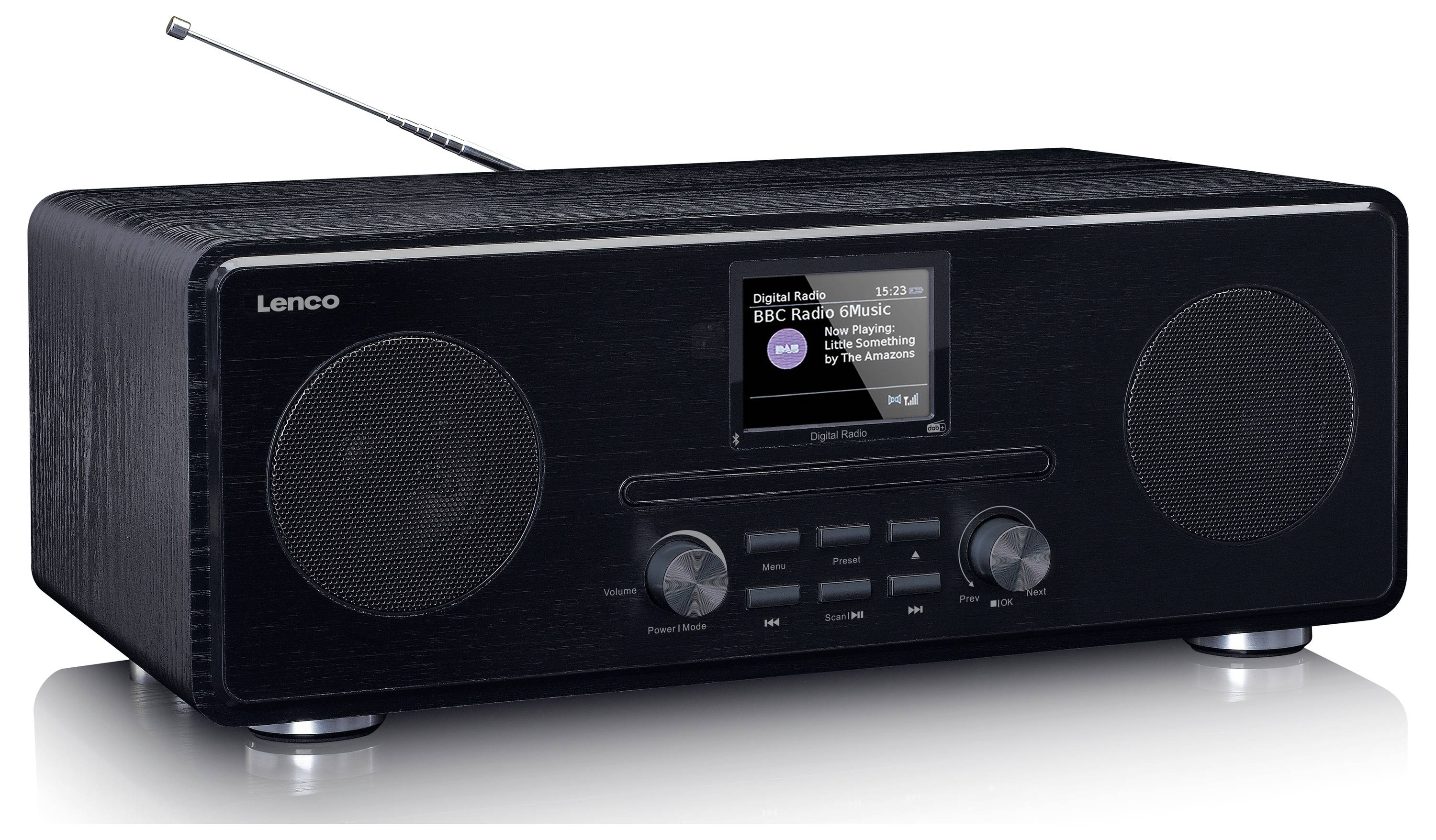 Černé digitální rádio se dvěma reproduktory, displejem, otočnými knoflíky a anténou. Na displeji zobrazuje stanici 'BBC Radio 6 Music'.